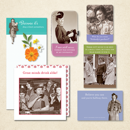 A collage of vintage-style photos with humorous captions, featuring women in various poses. Captions include quirky quotes about life and adventure. A mix of black-and-white and colored elements.