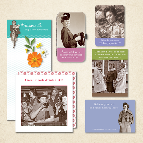 A collage of vintage-style photos with humorous captions, featuring women in various poses. Captions include quirky quotes about life and adventure. A mix of black-and-white and colored elements.